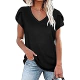 Générique T-Shirts à Manches Courtes pour Femmes Chemisier Tunique d'été de Couleur Unie à col en V T-Shirt Ample décontracté à Manches pétales (Le Noir,XL)