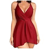 Flowy Swim Dress for Women:Fashion V-Neck One Piece Boho Beach Sundresses Mini Swing A Line Dress Party Holiday(Red,Large)