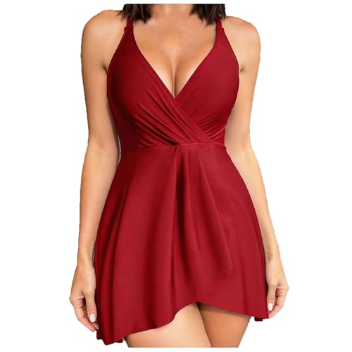 Flowy Swim Dress for Women:Fashion V-Neck One Piece Boho Beach Sundresses Mini Swing A Line Dress Party Holiday(Red,Large)