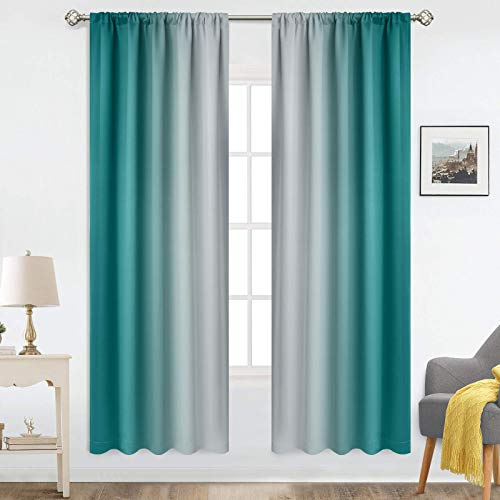 COSVIYA Rod Pocket Ombre Teal and Greyish White Curtains 72 inch Length