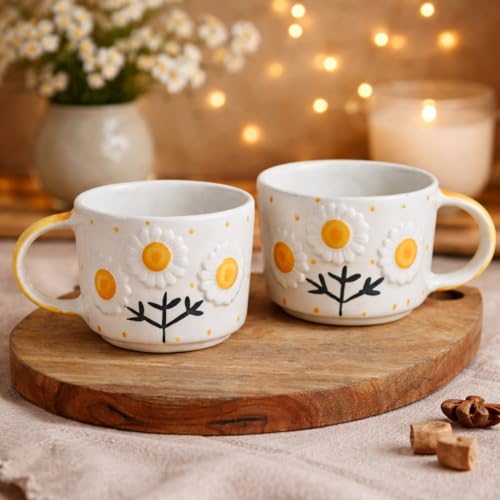 Image of Hoomi | Floral Daisy Design Sunflower Ceramic Coffee Mug Set of 2, Aesthetic Tea & Coffee Cups, Glossy Finish, Microwave & Dishwasher Safe, Bone Ash Free Drinkware for Home & Office