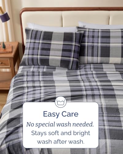 Image of Fleece Sheets Cal King Size Set - 4-Piece Flannel Sheet Set - Grey Tartan