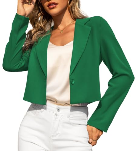 LETDIOSTO Women's Cropped Blazer - Lightweight Long Sleeve Business Casual Suit Jacket Green