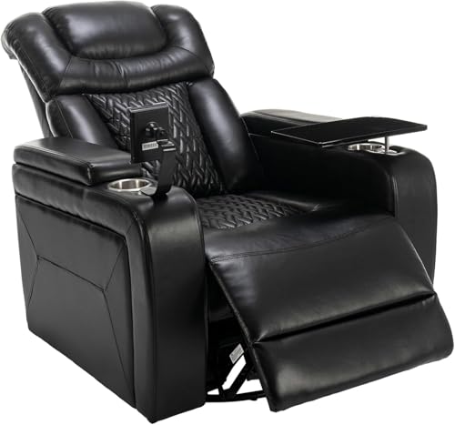 LITVZ Power Swivel Glider Recliner, Faux Leather Lazyboy Recliner Chair with Cup Holder, Black Multifunction Motorized Power Rocker Recliner Chair for Home Theater Seating, Adults