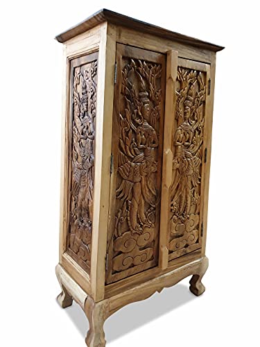 KINARREE Armoire en bois massif I en teck - Pièce unique sculptée à la main avec décorations artistiques, idéale pour les salons et les chambres à...