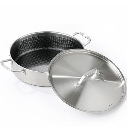 Image of DELARLO 8Quart Tri-Ply Stainless Steel Non Stick Braiser Pan with Lid,13inch Deep Frying Pan,Large Skillet,Jumbo Cooker,Induction Compatible,Heavy Duty and Oven Safe.