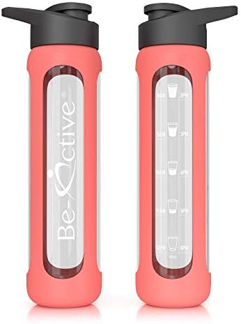 Be-Active FLIP-TOP Glass Motivational Water Bottle 700ml with Times to Drink Hydrate BPA Free (Coral)