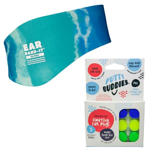 Earvolution Ear Band-It Ultra Swim Headband (Medium, Tie Dye Blue) & Floating Putty Buddies Silicone Ear Plugs (3-Pack Blue/Yellow/Green) ENT-Invented Water Ear Protection Bundle for Kids/Adults