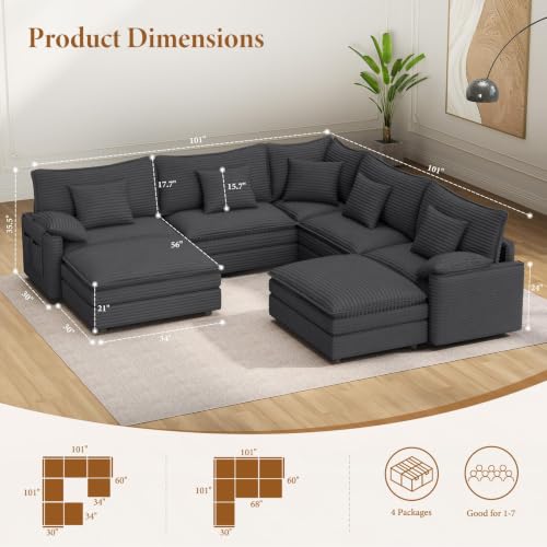 Image of Vesgantti 101 inch V-Shaped Corner Couch Sectional, 7 Seat Cloud Sofa, Gray