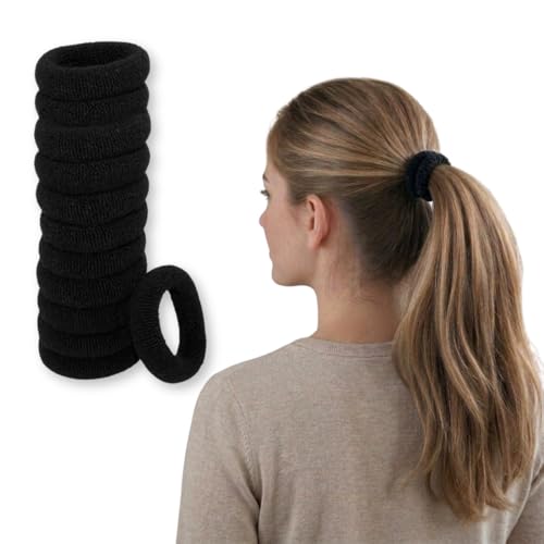 Righe e Pois Elastici Per Capelli Donna Spesso In Cotone Senza Cuciture - Set da 12 Fermacoda in Spugna Di Cotone Made In Italy (Nero)