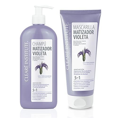 Clearé Institute | Champú Matizador Violeta + Mascarilla Matizante Morada | Mechas, Rubios y Grises | Neutraliza Tonos Indeseados | Especial Pelo Teñido, Rubio, Decolorado o Grises | 400ml + 200ml