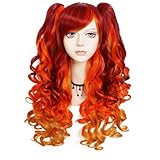 ANOGOL Hair Cap+Lolita Wig for Women Wine Red Mixed with Orange Cosplay Wig with Ponytails Long Curly Wigs with Bangs Wine Red Mixed with Orange Ponytails Wig Anime Outfit for Halloween Party Wig