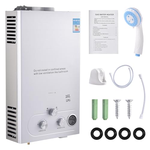 Calentador de agua a gas GLP 16L, calentador instantáneo de 32 kW con pantalla digital multiprotección, calentador instantáneo sin depósito montado en la pared con kit de ducha, para camping,