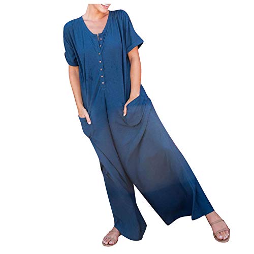 SHOPESSA Womens Rompers for Summer Short Sleeve Flare Leg Jumpsuits for Women Casual 1 Piece Linen Overalls Blue