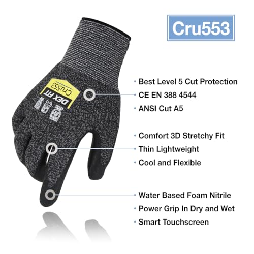 Image of DEX FIT Level 5 Cut Resistant Gloves Cru553, 3D Comfort Stretch Fit, Power Grip, Durable Foam Nitrile, Smart Touch, Machine Washable, Thin & Lightweight, Black Grey 7 (S) 1 Pair