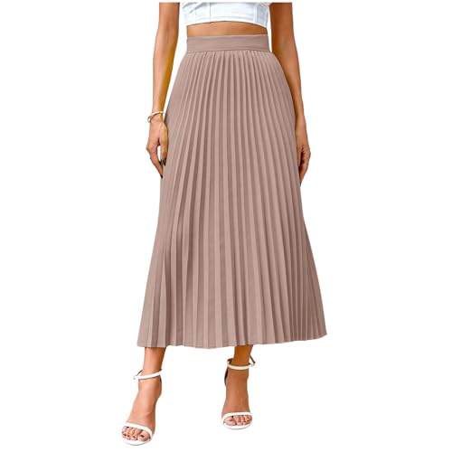 Women's Elastic High Waist Pleated Skirts Satin Swing A-line Flowy Dressy Maxi Skirt Casual Work Office Outfits