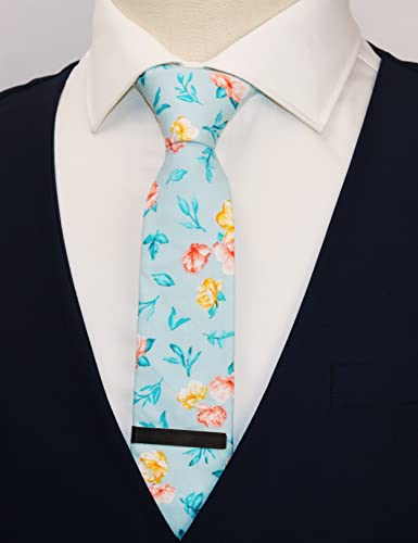 Image of Men's Skinny Tie Floral Cotton Necktie and Tie Bar Clip Sets, Great for Weddings,Groom,Groomsmen