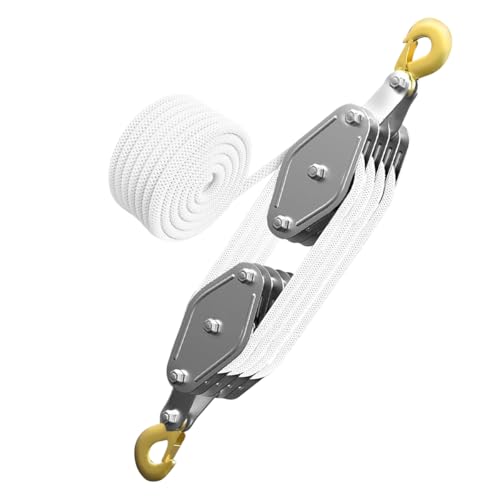 Boolico Schwerlast Flaschenzug 4-Fach mit Seilbremse, 1000 kg max., 20 m PP-Seil, Handseilzug 8:1 bis 2,5 m Hubhöhe