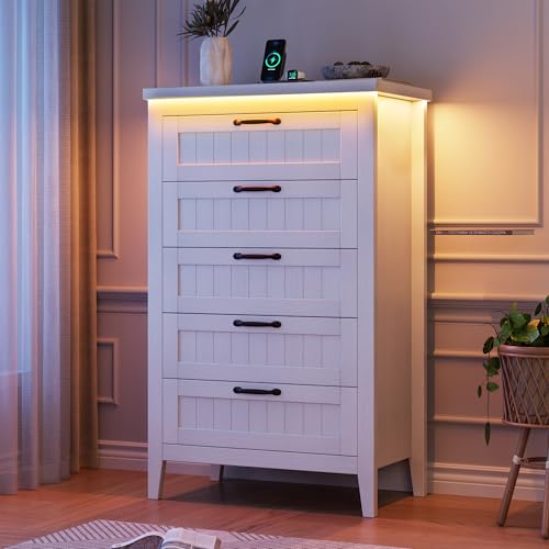 GarveeHome Farmhouse Tall 5 Drawer Dresser with Charging Station & LED Lights, Slim Wooden Bedroom Dresser, Rustic Chest of Drawers Clothes Storage Organizer for Closet Dorm Apartments, White by GarveeHome - Image 4