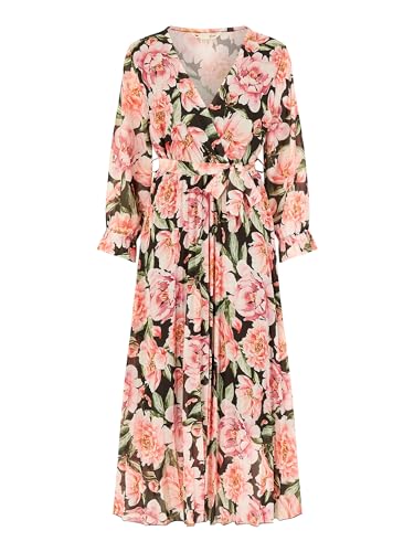 Yumi Black Rose Print Pleated Midi Dress Black 14
