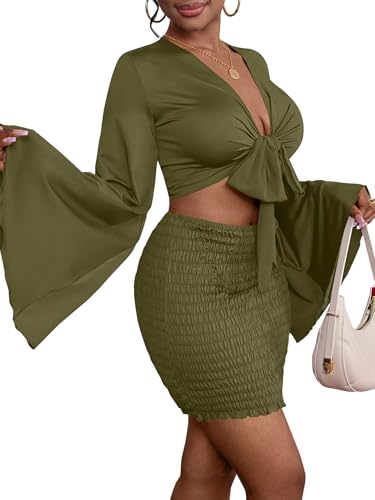 Image of LYANER Women 2 Piece Vacation Outfits Tie Knot Front Bell Long Sleeve Crop Top and Mini Skirt Summer Set
