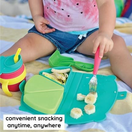 On-The-Go Snack Mat – Baby Silicone Travel Dining Placemat – Portable Silicone Toddler Plate – Reusable Snack Container with 3 Compartments and Lids for 6 Months + (Ocean) image 14 of 15 B0CKRGN4C6