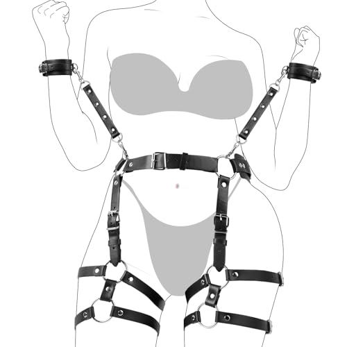 BDSM Bondage Taille Bein Harness Sex Fesseln Set, Leder Sexy Oberschenkel Harness für Frauen Sex, Verstellbaren Sexspielzeug mit Handschellen für Paare
