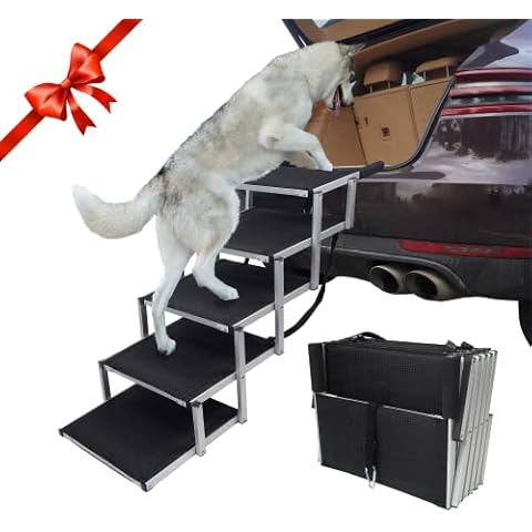 YEPHHO Dog Ramp for Large Dogs SUV, Sturdy and Lightweight Dog Stair Aluminum Foldable Dog Ramp Ladder with Nonslip Surface, Dog ramp for Cars, Pet stair 5 Steps for Dogs to Get on Bed, Truck, and SUV Cover