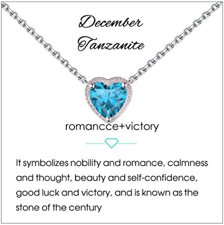 Qings Birthstone Heart Necklaces, 925 Sterling Silver Birthstone Pendant Necklace, Adjustable Chain Gift Box, 12 Months Jewellery for Women Jewelry Valentines Gift for Her Wife Girls Birthday Wedding