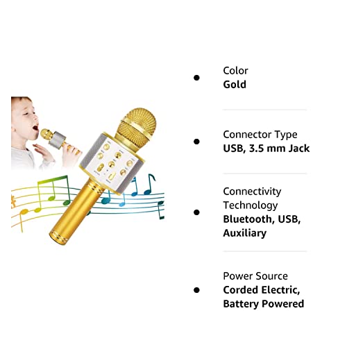 Kidwill Wireless Bluetooth Karaoke Microphone For Kids, 5-In-1 Portable Handheld Karaoke Mic Speaker Player Recorder With Adjustable Remix Fm Radio For Kids Girls Boys Teens Birthday (Gold) #TOP7