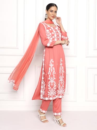 Image of Kaari Women's Chikankari Kurta Set with Dupatta -Fit & Flare Fit | Chiffon Dupatta with Embroidered Band | Straight Pant with Side Pocket | Kurta Set For Women
