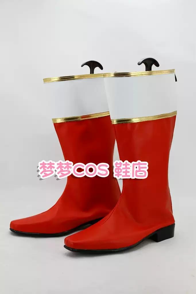 Red Faux Leather Knee-High Boots with White Cuff & Gold Accents Footwear for Cosplay Themed Events & Costume Parties