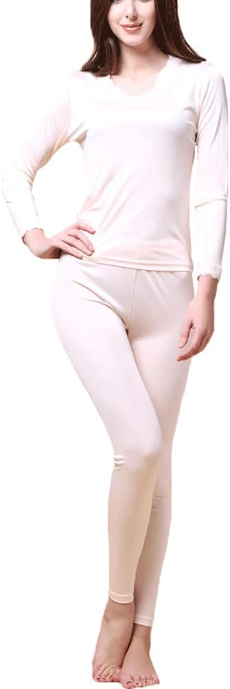 Women Pure Silk Winter Knit Underwear Set Winter Thermal Long Johns Set Crew Neck