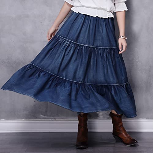 BXCNCKD Women's Tiered A-Line Denim Prairie Skirt Denim Articulated Hem Long Skirt Retro Denim Skirt4