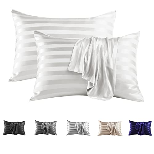 Image of MR&HM Satin Pillowcase for Hair and Skin, Silk Satin Pillowcase 2 Pack, King Size Pillow Cases Set of 2, Silky Pillow Cover with Envelope Closure (20x36, Ivory Striped)