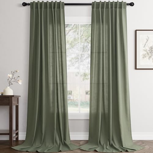 Jowels Olive Green Linen Curtains 90 Inch Long 2 Panels for Living Room