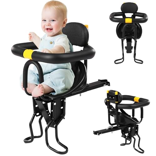 Ssguopte Toddler Bike Seat, Adjustable Front Mount Child Bike Seat, Kid with Foldable and Adjustable Pedals, Attachment with Handle and Safety Belt for 1.1-1.5
