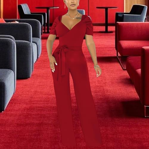 Image of PaladMom Womens Elegant Plus Size Jumpsuits Sexy Back zipper Short Sleeve Mid Waist Wide Leg Straight Rompers