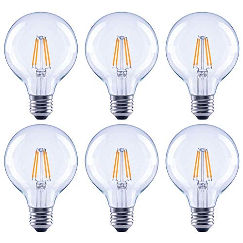 Asencia AN-03682 60 Watt Equivalent G25 Globe Clear All Glass Vintage Filament Dimmable LED Light Bulb, Soft White, 6-Pack,Clear Glass