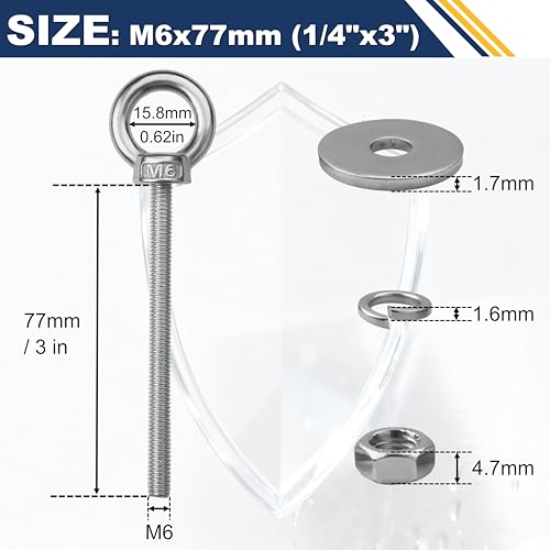 Image of 12 Pack M6 Stainless Steel Eye Bolts with Nuts, 1 /4 inch x 3 inch Eye Bolts