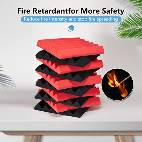 Acoustic Foam Panels, Recording Studio Acoustical Treatments Foam Panels – 2 Inch Thick 12X12 (24 Pack)| Sound Observing Soundproofing Fireproof Wall Foam Tiles | For Studio Office Home (Black & Red) #TOP3