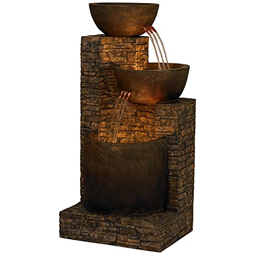 Mason Rustic Outdoor Floor Water Fountain 35" High With Led Light Cascading Three Bowls For Garden Patio Backyard Deck Home Lawn Porch House Relaxation Exterior Balcony Office - John Timberland #TOP7