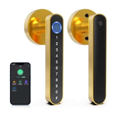 eLinkSmart Smart Door Handle Lock, Fingerprint Door Knob Lock with Keypad Code, Electronic Digital Biometric Bluetooth WiFi Keyless Entry Door Lock for Bedroom Interior Garage Front Door - Gold Cover