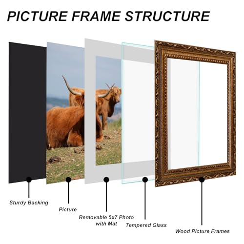 Image of Wood 8x10 Picture Frame with Mat Antique Vintage Picture Frames | Real Glass, Matted 5x7 or 8 x 10 Photos, Easy Photo Changes, Tabletop or Wall Hanging