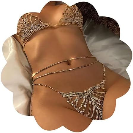 Xerling Sexy Crystal Bikini Sets Rhinestones Bra Body Chain Set Tassel Bra Harness Chain with Panties Thong Chain Body Jewelry for Women Party Costume (Type B Gold)