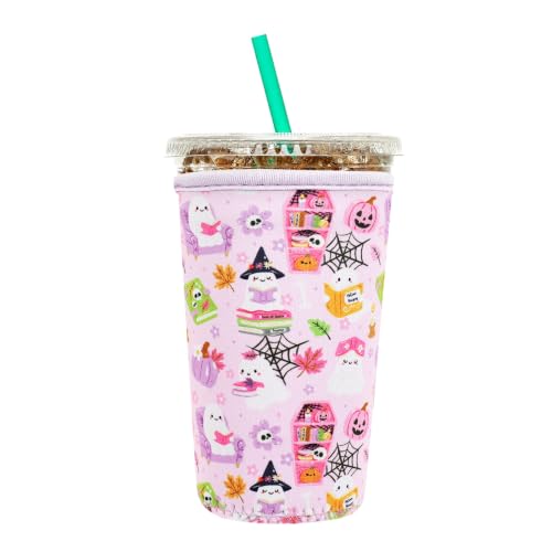 Image of Insulated Neoprene Cup Sleeve for Iced Coffee & Cold Soda - Reusable & Sweatproof, Keeps Drinks Cold Longer, Coffee Coolie for Hot & Iced Drinks (Halloween Ghost & Book, Medium: 22-24oz)