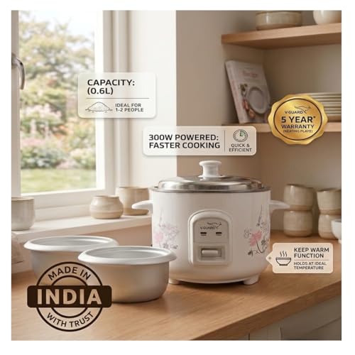 Image of V-Guard VRC 0.6 Litre Electric Rice Cooker Small with 300 W Power | 2 Pots, Spatula, Rice Separator | 2-Year Product & 5-Year Heating Plate Coverage by V-Guard - Keep Warm function.