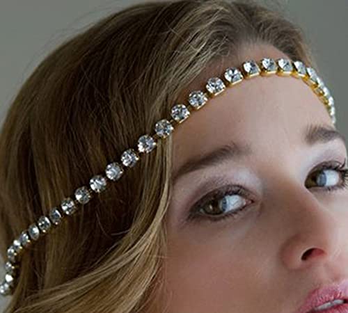 Missgrace Bohemian Women Bridal Dainty Shining Simple Rhinestone Head Chain Gold Silver Chunky Head Chain Headband Boho Crystal Teardrop Headpiece Hair Jewelry Wedding Prom Party Halloween Festival Hair Accessories for Women Girls (Gold)