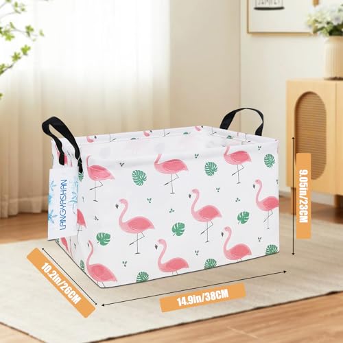 Image of Rectangular Storage Bin Collapse Canvas Fabric Cartoon Storage Basket with Handles for Organizing Home Kitchen Boys and Girls Toys Office Closet Shelf Baskets(Rec Leaf Flamingo)