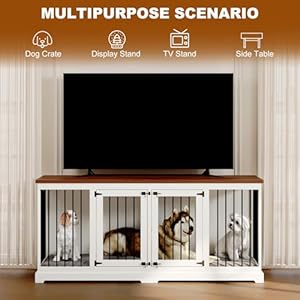 Large Dog Crate Furniture - Indoor Wooden Dog Kennel Furniture with Room Divider and 2 Doors - 71"x23.6"x31.5"H, White Large Dog Crate Furniture Indoor Wooden Dog Kennel Furniture with Room Divider and 2 Doors 71x236x315H White